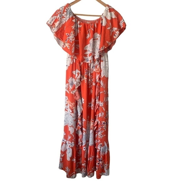 Jaase Boho Off The Shoulder Frill Bodice Orange Floral Maxi Dress Women's XS - Picture 1 of 10